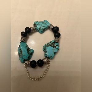 Blue Magnesite Slab Turquoise and Wood Bead Stretch Bracelet
